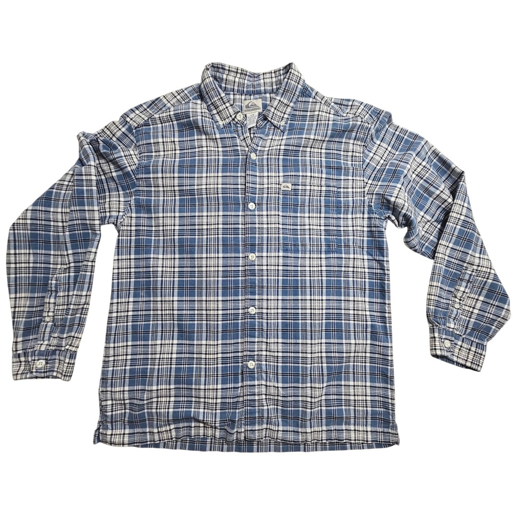 Quiksilver Button Down Shirt Large Blue Plaid Long Sleeve Logo Pocket